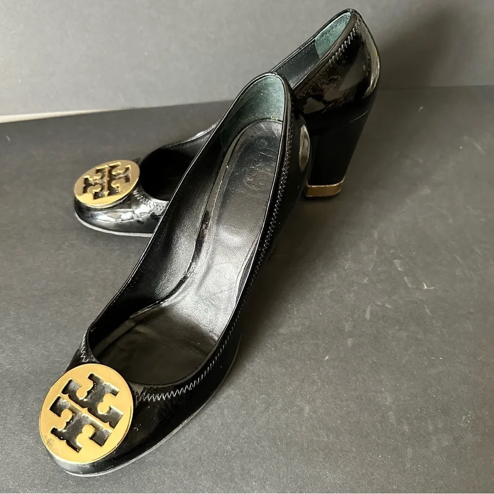 Tory Burch Patent Black Leather Maddie Block Heel Pumps Size 9.5